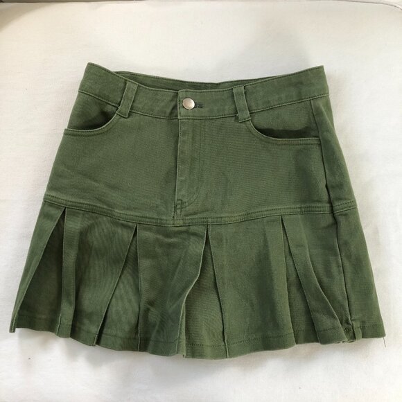 Olive Green Denim Mini Flared Pleated Skater Skirt/Skort Medium - Picture 1 of 8